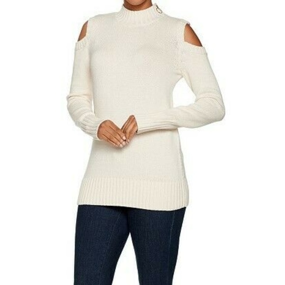 Susan Graver Sweaters - Susan Graver Mock Neck Cold Shoulder Sweater